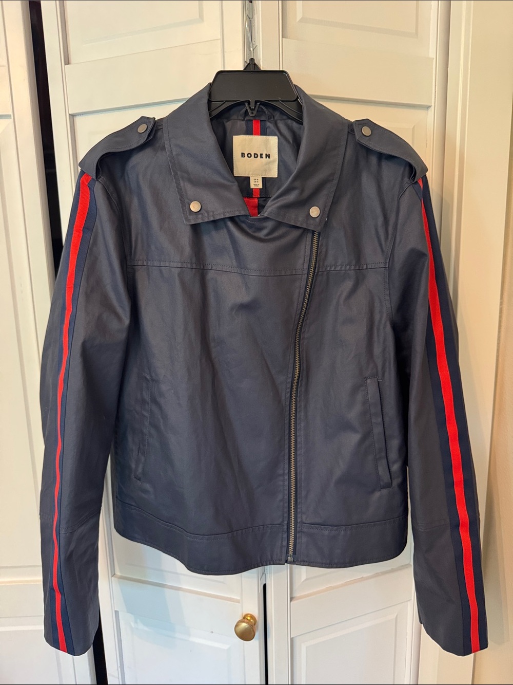 Boden Navy Biker Waxed Jacket with Red Stripe Accent